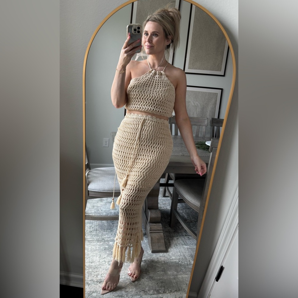 MARBLE Cream Crochet Midi Skirt